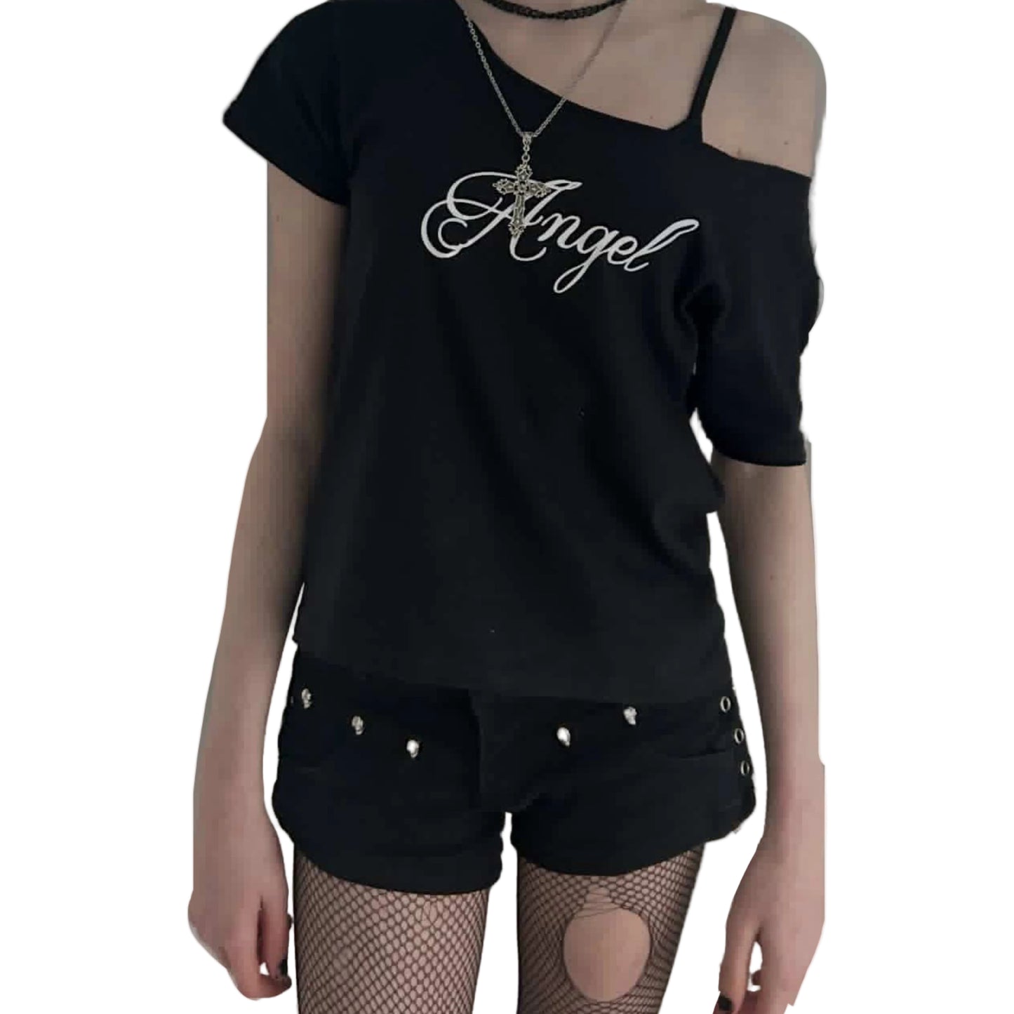 Angel Off Shoulder Top – Black Gothic Script Tee