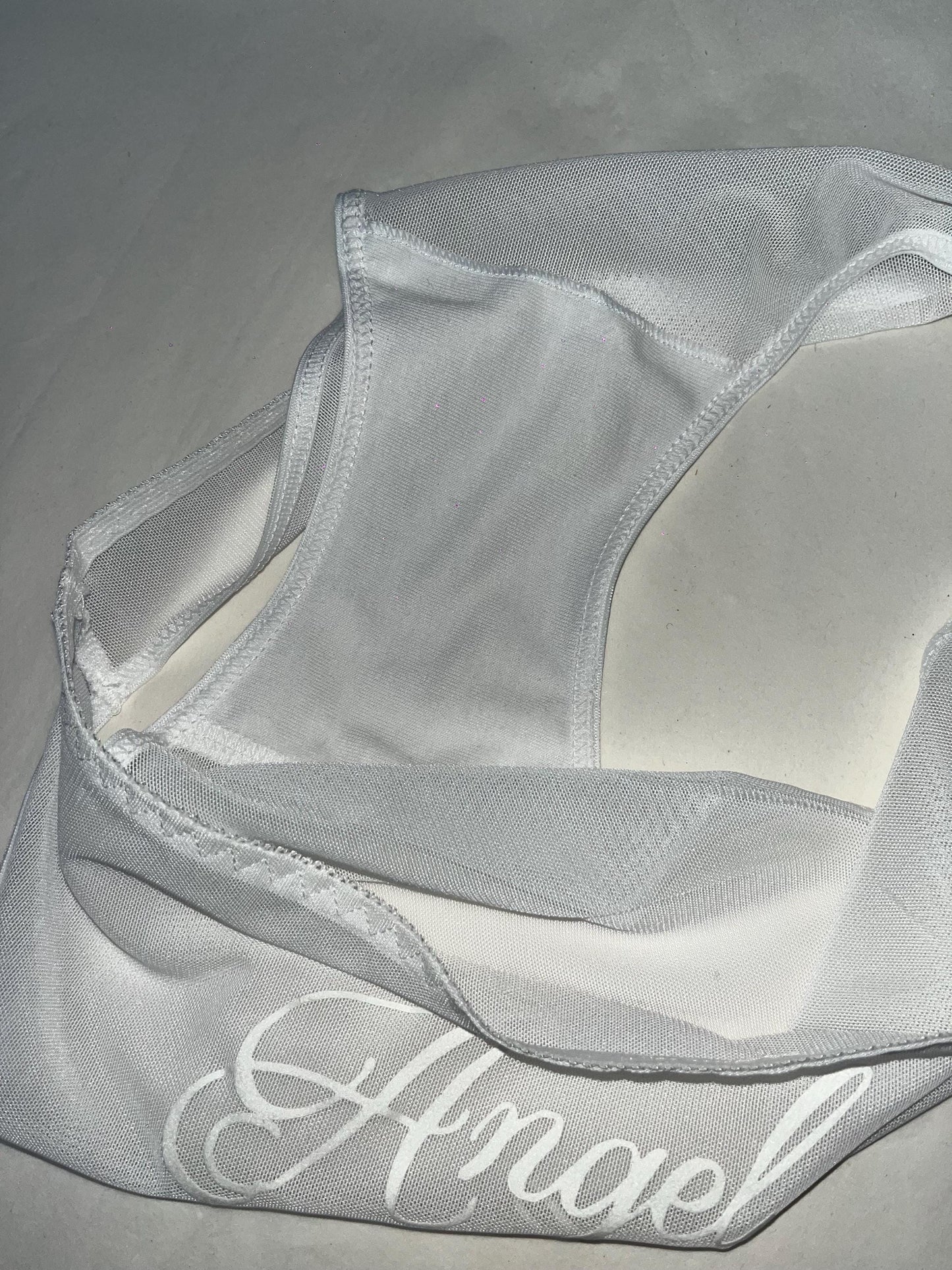 Sheer White Mesh Panties with “Angel” Velvet Flocked Back
