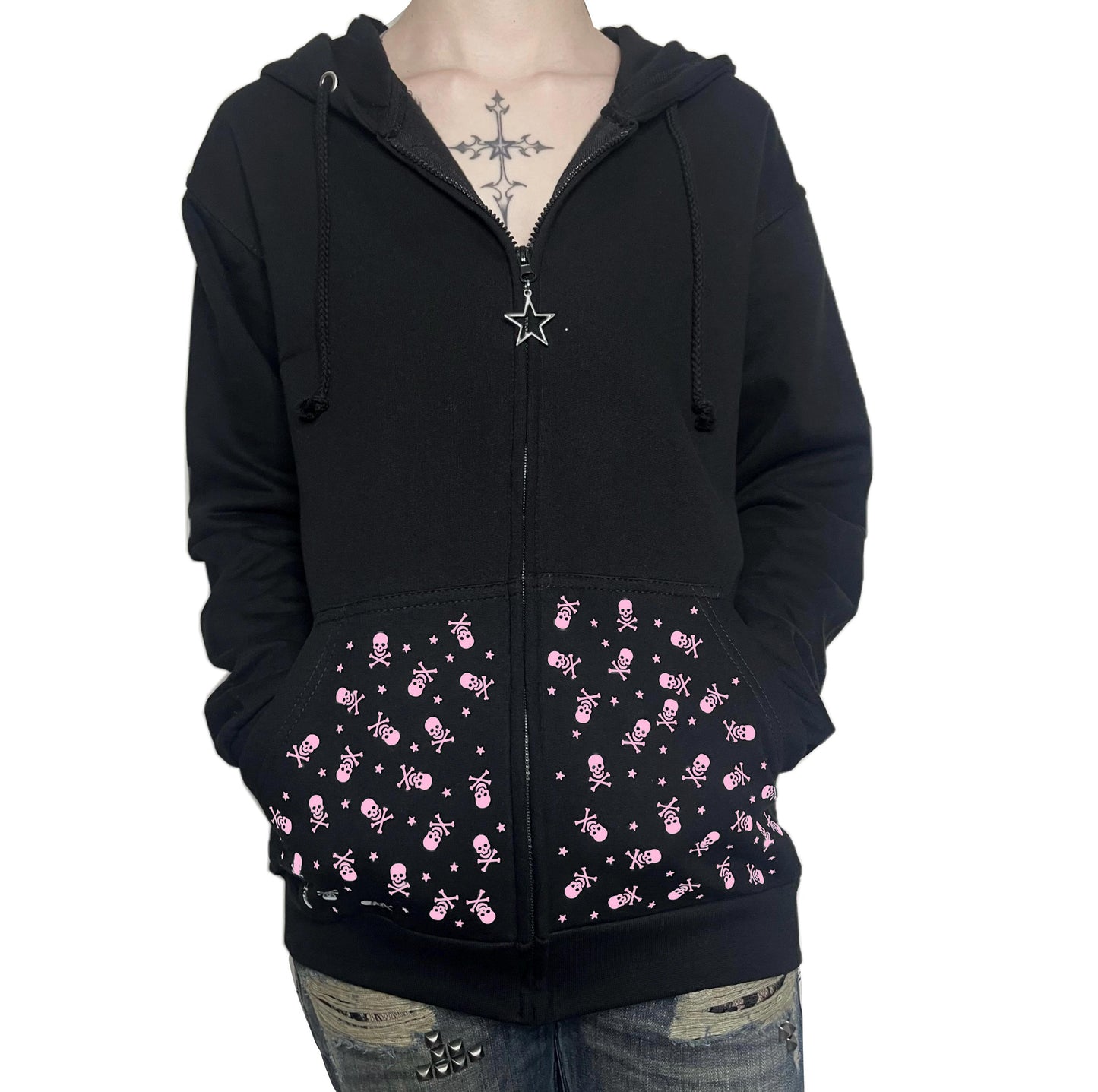 Y2K Unisex Star & Crossbones Skull Graphic Zip-Up Grunge Hoodie