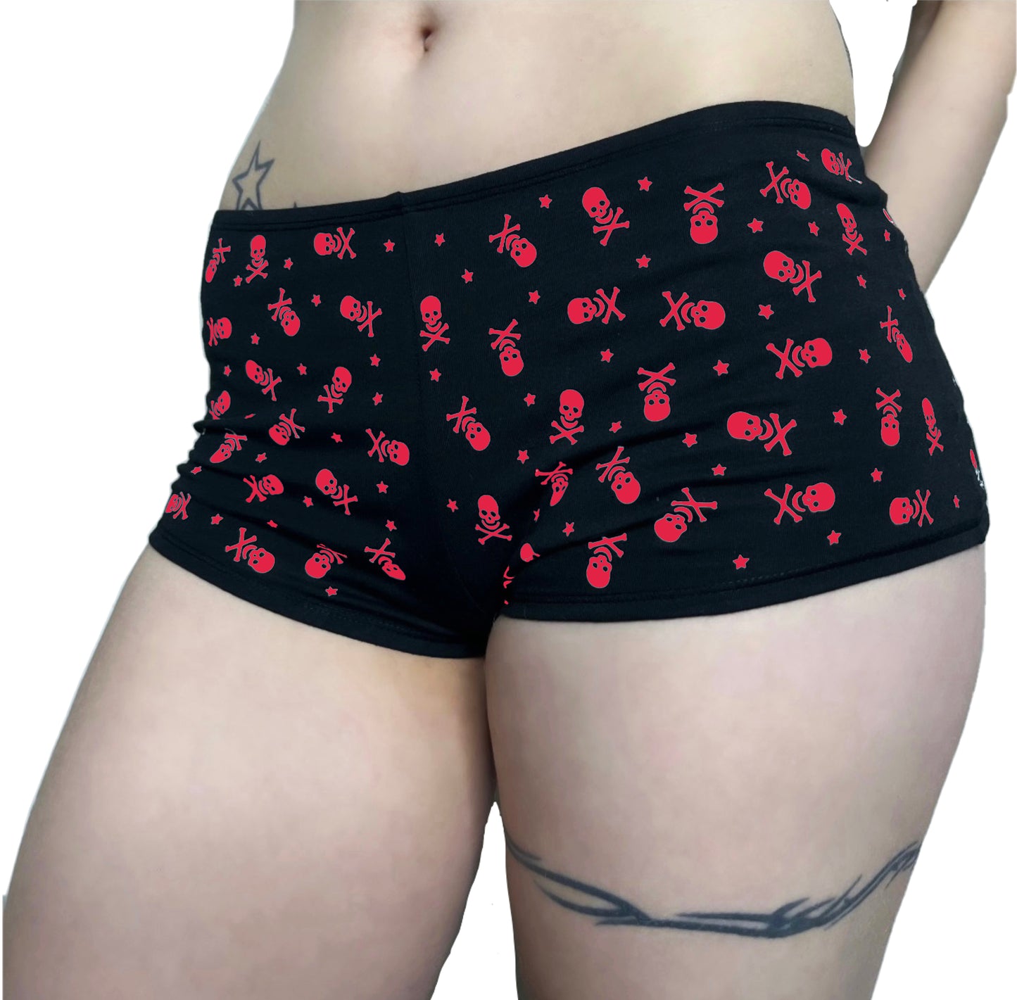 Pink Black Low Rise Booty Shorts All Over Star & Skull Design