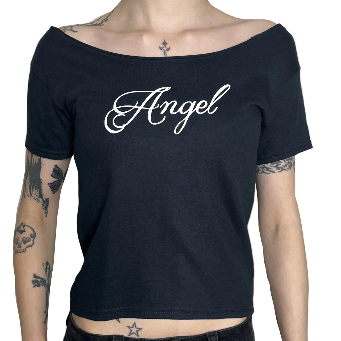 Angel Off Shoulder Top – Black Gothic Script Tee