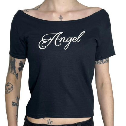 Angel Off Shoulder Top – Black Gothic Script Tee