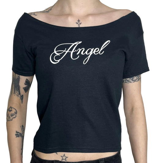 Angel Off Shoulder Top – Black Gothic Script Tee