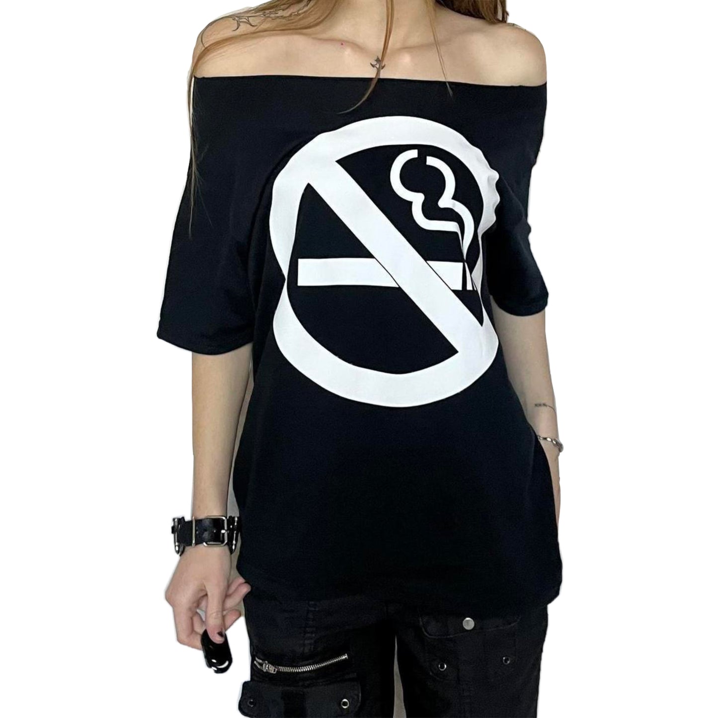 Y2K No Smoking Sign Black Oversized Off The Shoulder T-Shirt Tee Top