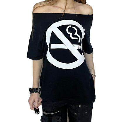Y2K No Smoking Sign Black Oversized Off The Shoulder T-Shirt Tee Top
