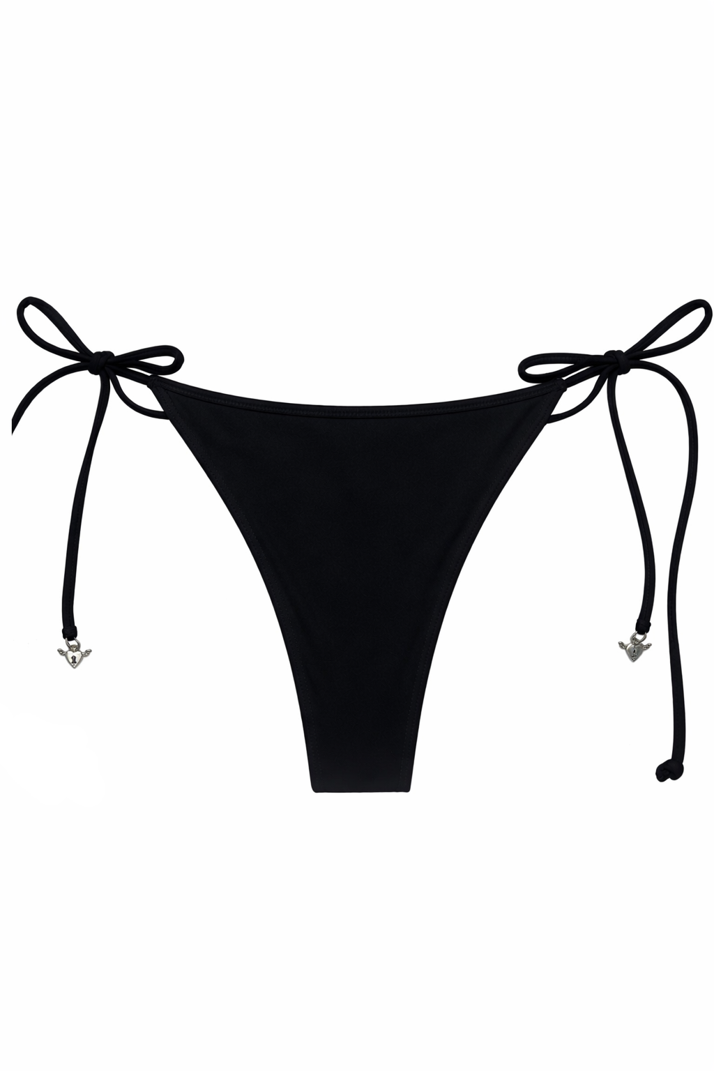 Black bikini bottom with tie sides on a white background
