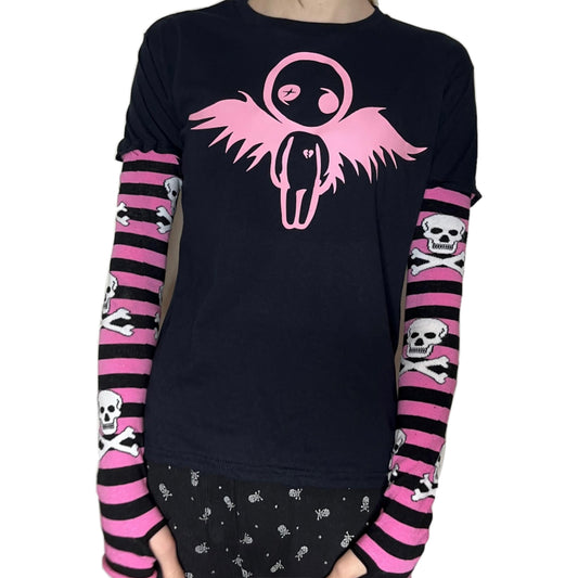 Black n Pink Stripe Skull Long Sleeve Angel Broken Heart Top