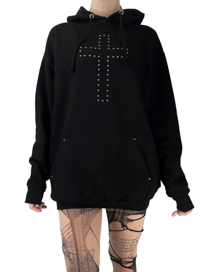 Black Studded Cross Oversized Goth Hoodie
