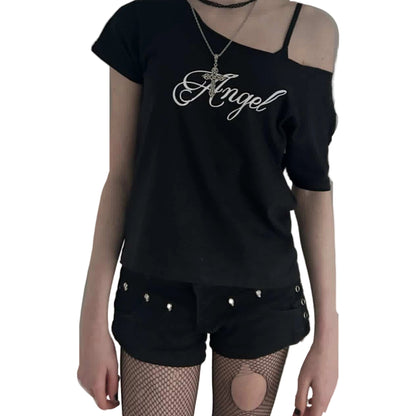 Angel Off Shoulder Top – Black Gothic Script Tee