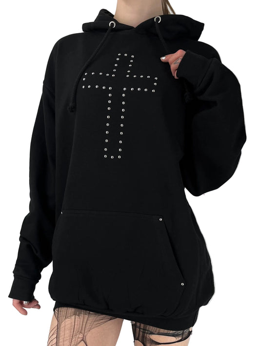 Black Studded Cross Oversized Goth Hoodie