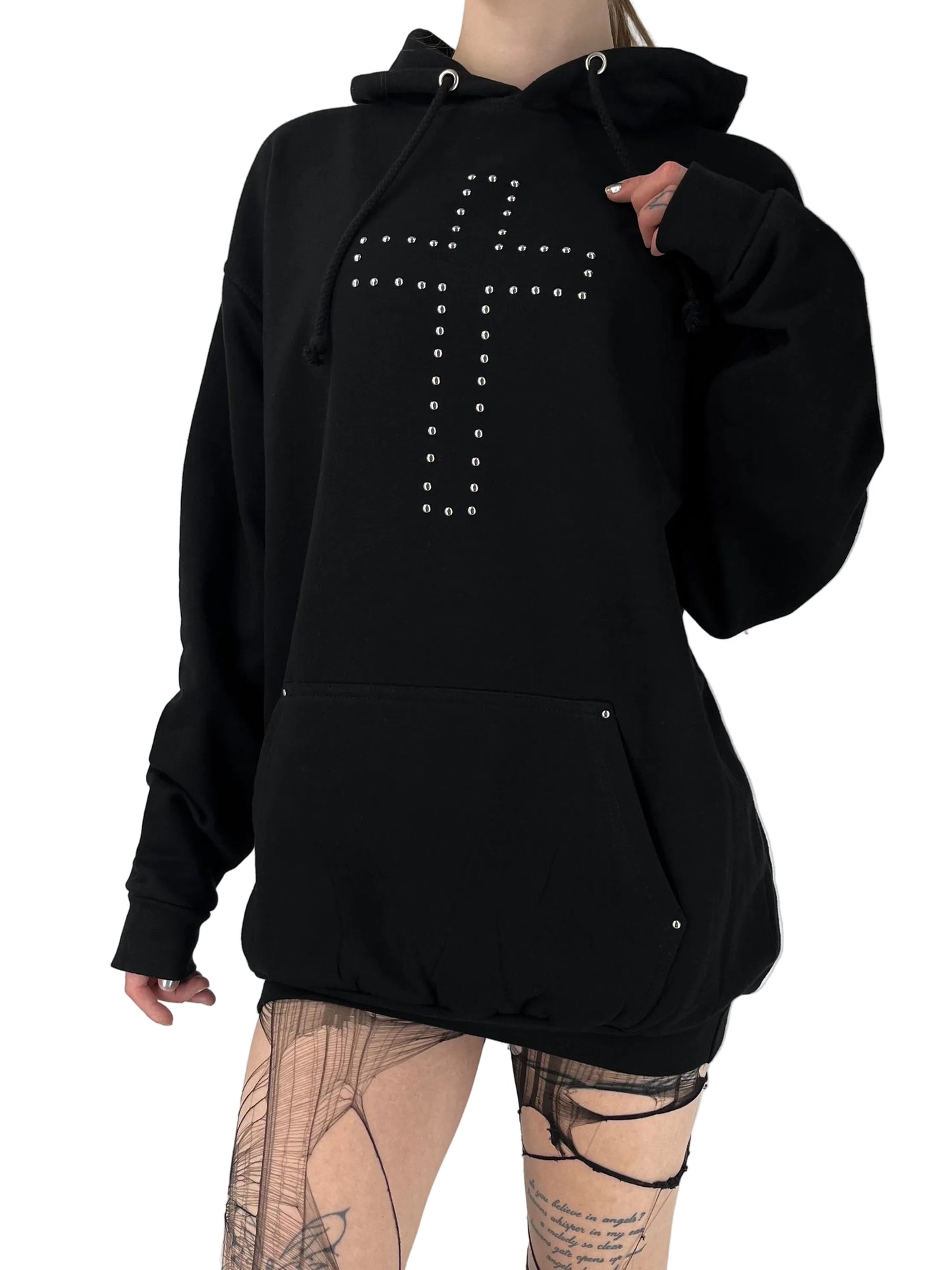 Black Studded Cross Oversized Goth Hoodie