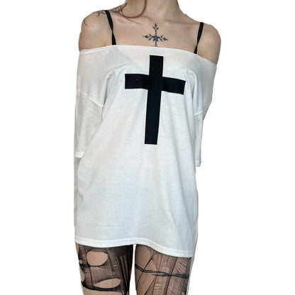 Black Cross White-off-the-shoulder Top