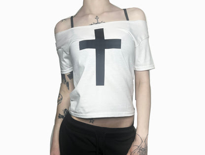 Black Cross White-off-the-shoulder Top