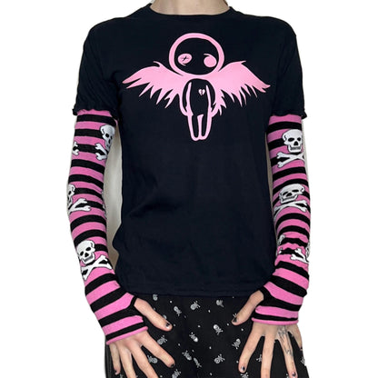 Black n Pink Stripe Skull Long Sleeve Angel Broken Heart Top
