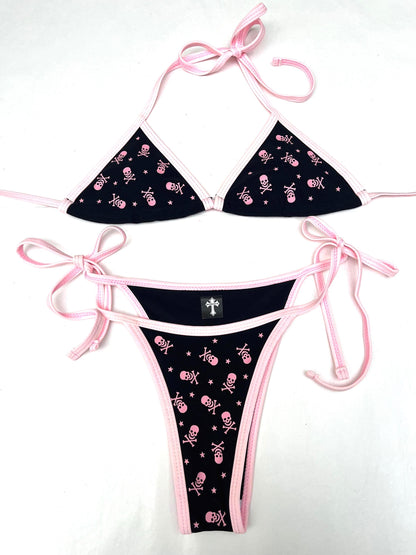All Over Skull and Star Black Bikini – Pink Trim Swim Set Kawaii Beachwear