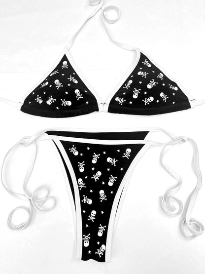 All Over Skull and Star Black Bikini – Pink Trim Swim Set Kawaii Beachwear