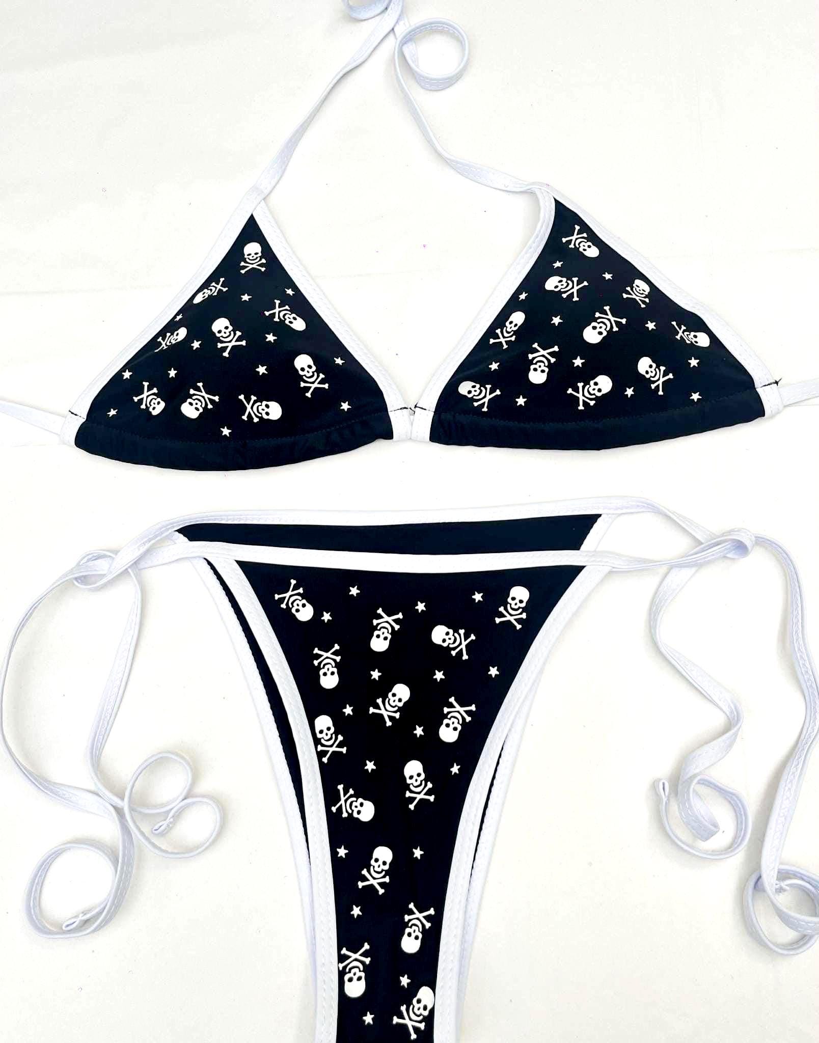 All Over Skull and Star Black Bikini – Pink Trim Swim Set Kawaii Beachwear