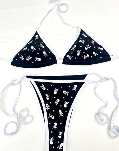 All Over Skull and Star Black Bikini – Pink Trim Swim Set Kawaii Beachwear