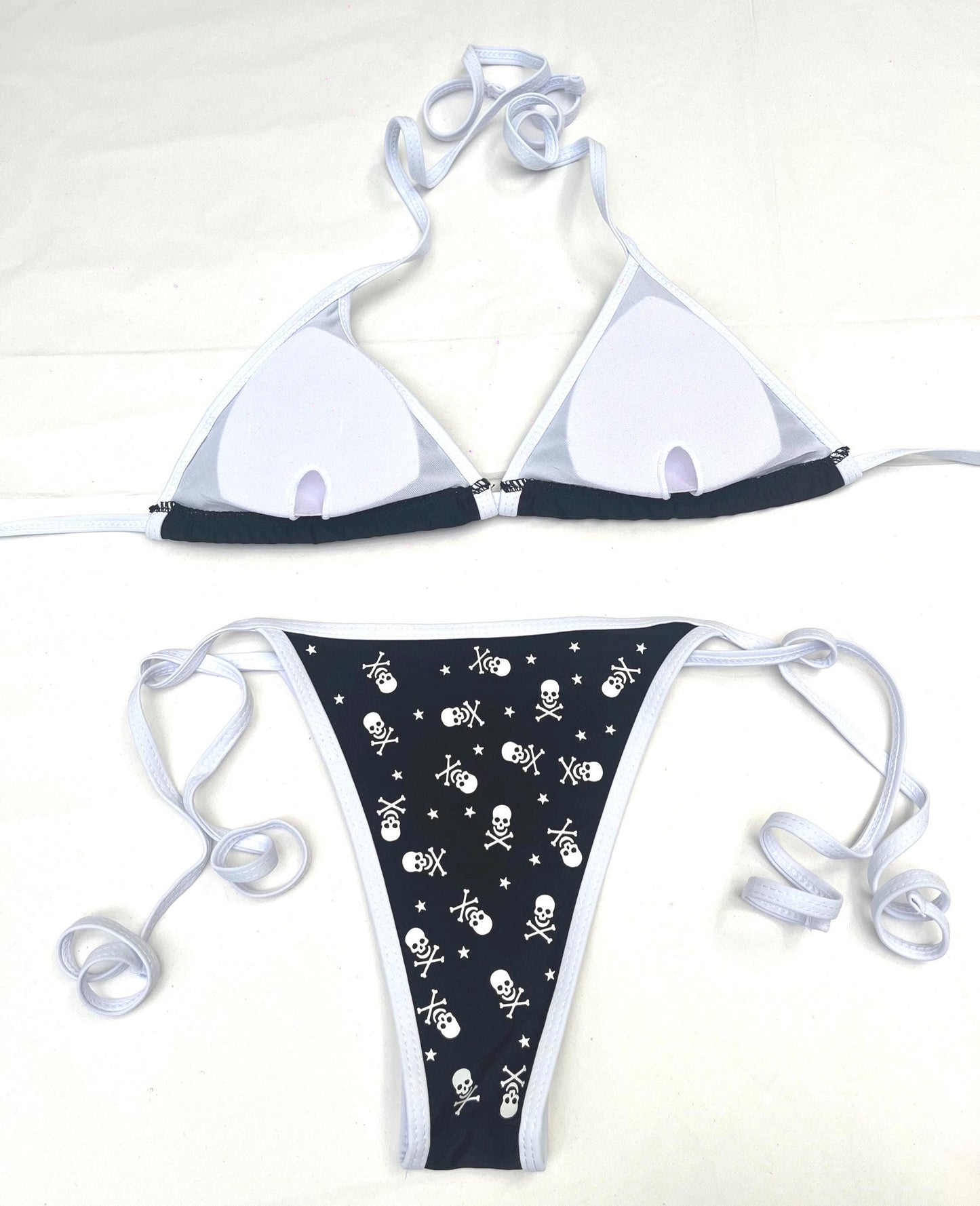 All Over Skull and Star Black Bikini – Pink Trim Swim Set Kawaii Beachwear