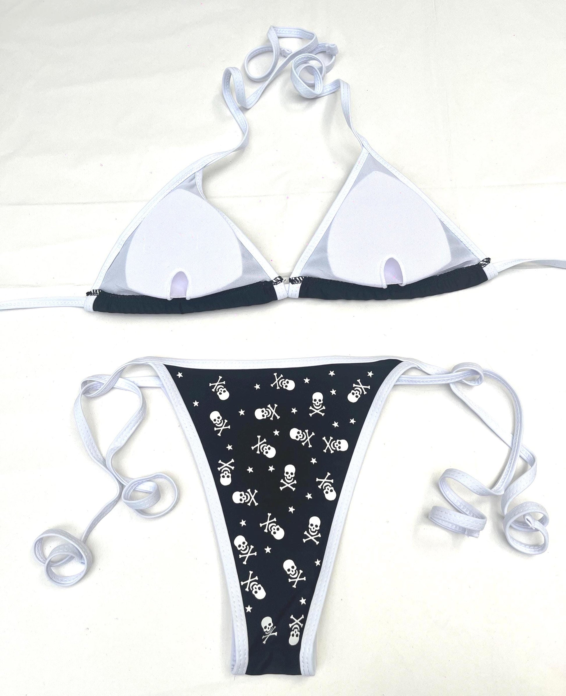 All Over Skull and Star Black Bikini – Pink Trim Swim Set Kawaii Beachwear