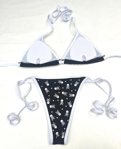All Over Skull and Star Black Bikini – Pink Trim Swim Set Kawaii Beachwear