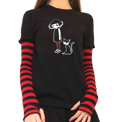 Alt Gothic Cat Girl T-Shirt – Red & Black Stripe Sleeve Long Sleeve Top