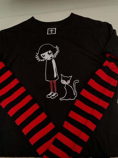 Alt Gothic Cat Girl T-Shirt – Red & Black Stripe Sleeve Long Sleeve Top