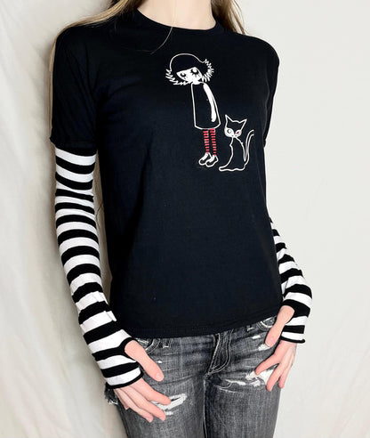 Alt Gothic Cat Girl T-Shirt – Red & Black Stripe Sleeve Long Sleeve Top