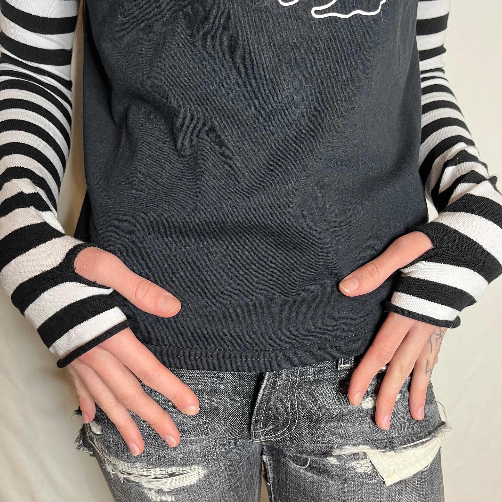 Alt Gothic Cat Girl T-Shirt – Red & Black Stripe Sleeve Long Sleeve Top