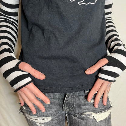Alt Gothic Cat Girl T-Shirt – Red & Black Stripe Sleeve Long Sleeve Top