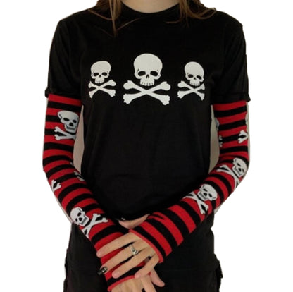 Gothic Red & Black Stripe Long Sleeve Skull Top Rhinestone Embellished