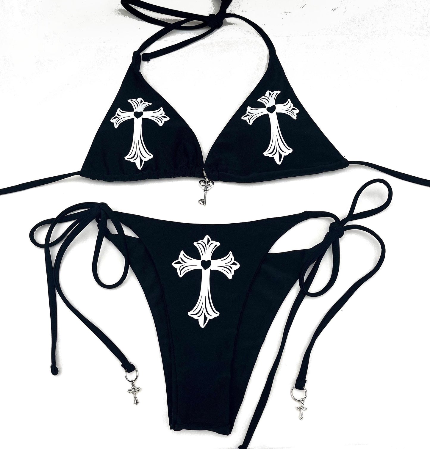 Front View - Gothic Cross & Heart Charm Bikini (Black)