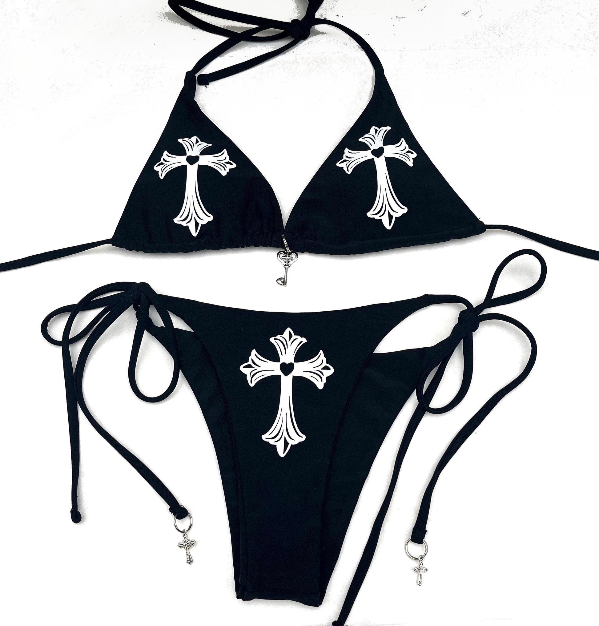 Front View - Gothic Cross & Heart Charm Bikini (Black)