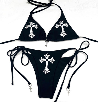 Front View - Gothic Cross & Heart Charm Bikini (Black)