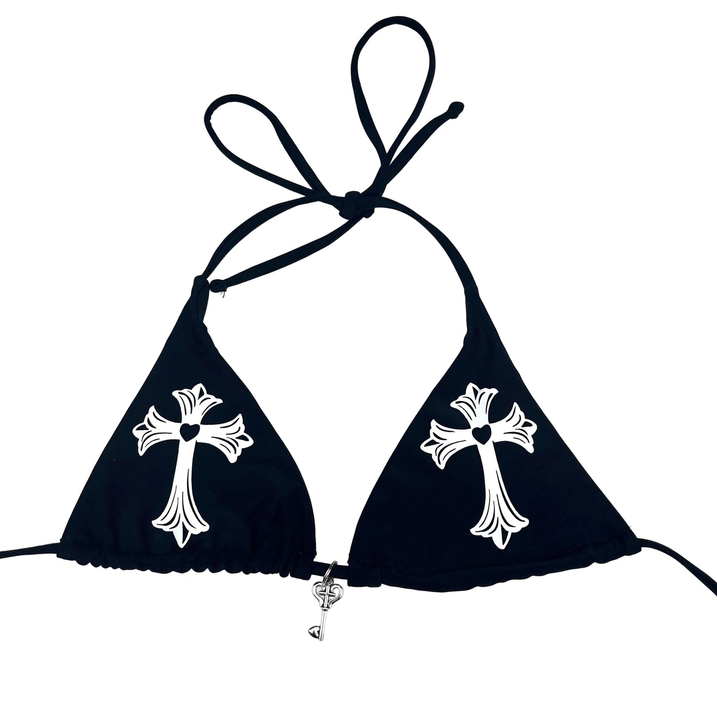 Black Gothic Bikini – Cross Heart Print Tie String Halter Set