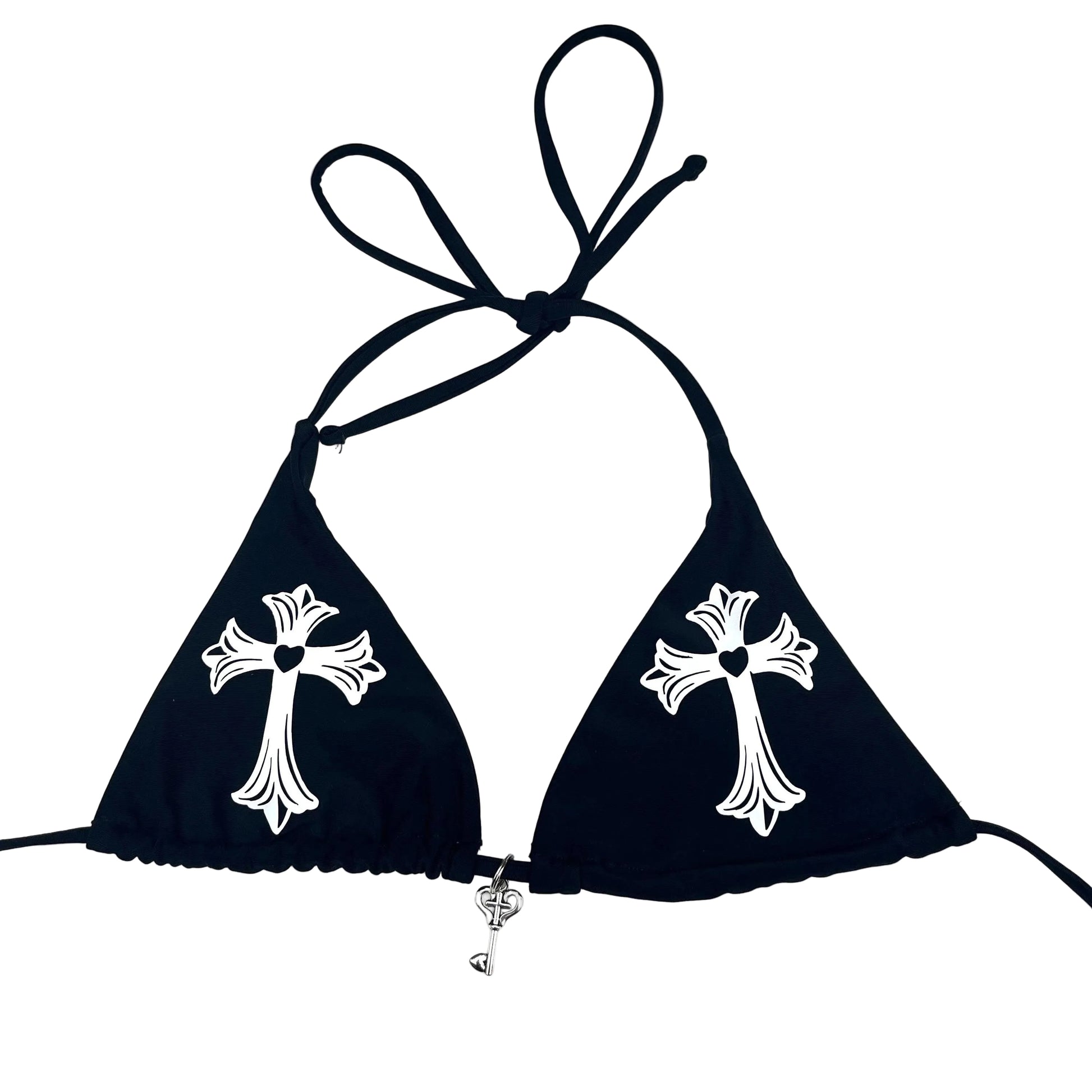 Black Gothic Bikini – Cross Heart Print Tie String Halter Set