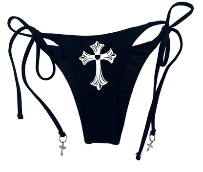 Black Gothic Bikini – Cross Heart Print Tie String Halter Set