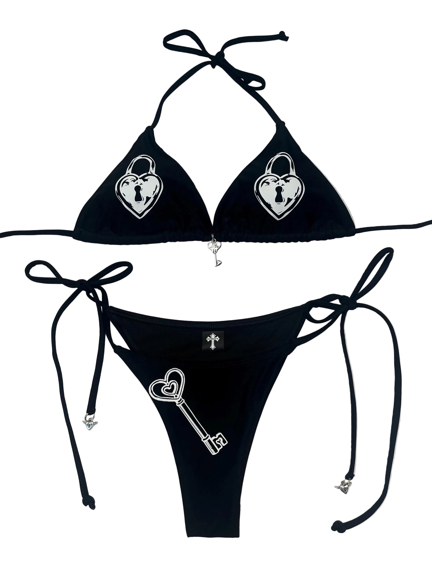 Black Heart Locket Key Bikini Set Hand-Printed Halter Swimsuit