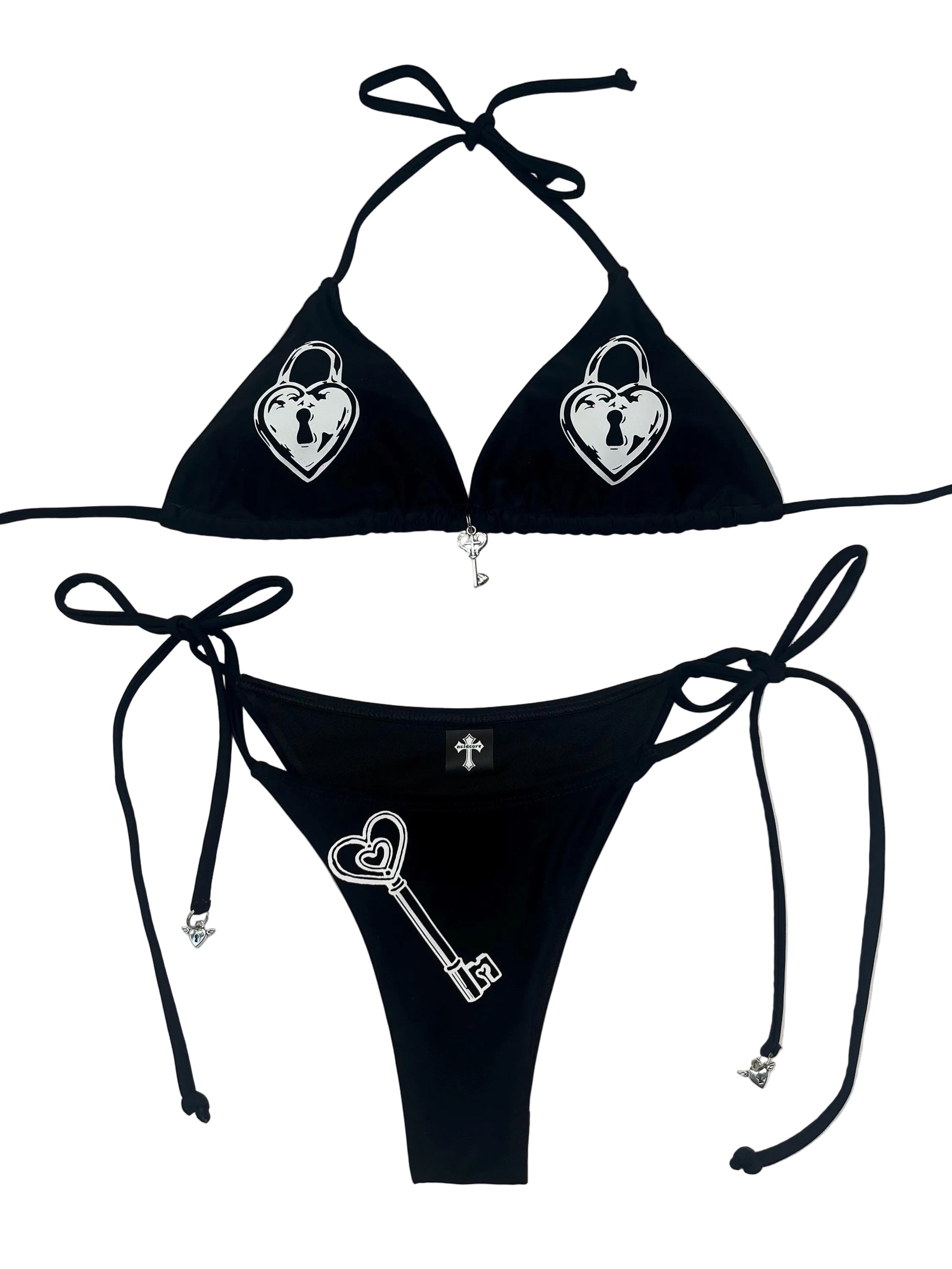 Black Heart Locket Key Bikini Set Hand-Printed Halter Swimsuit
