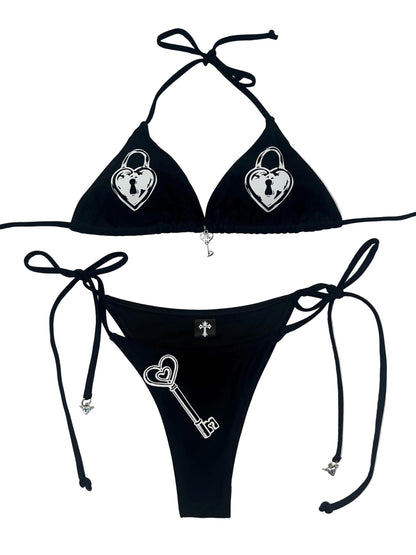 Black Heart Locket Key Bikini Set Hand-Printed Halter Swimsuit