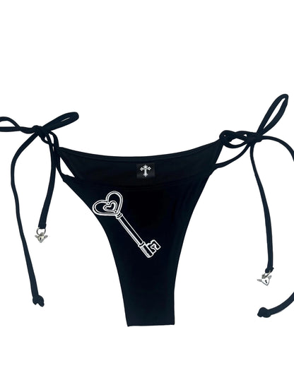 Black Heart Locket Key Bikini Set Hand-Printed Halter Swimsuit