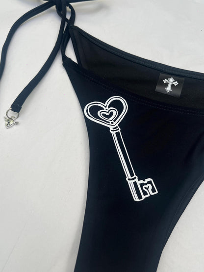 Black Heart Locket Key Bikini Set Hand-Printed Halter Swimsuit