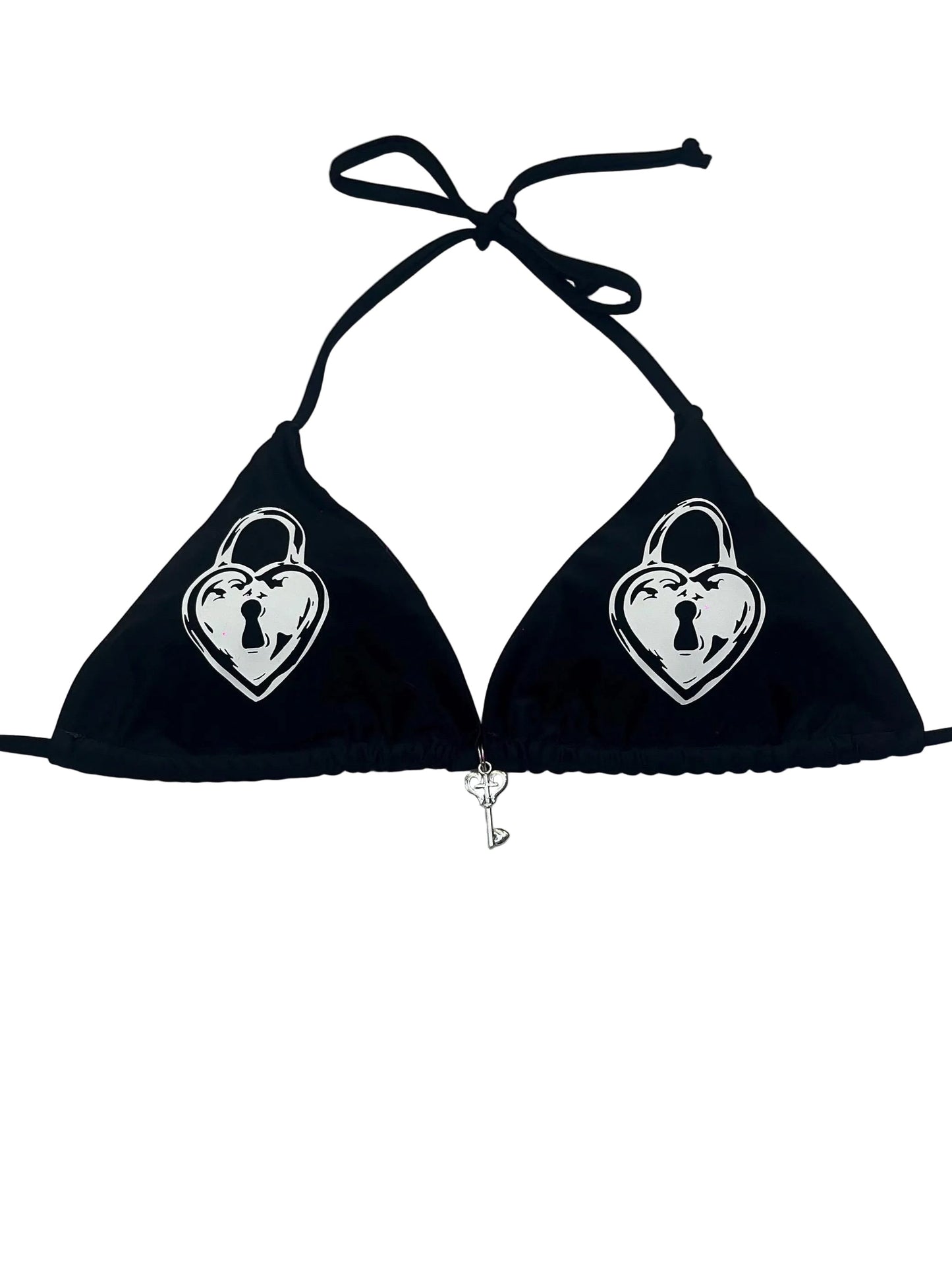 Black Heart Locket Key Bikini Set Hand-Printed Halter Swimsuit