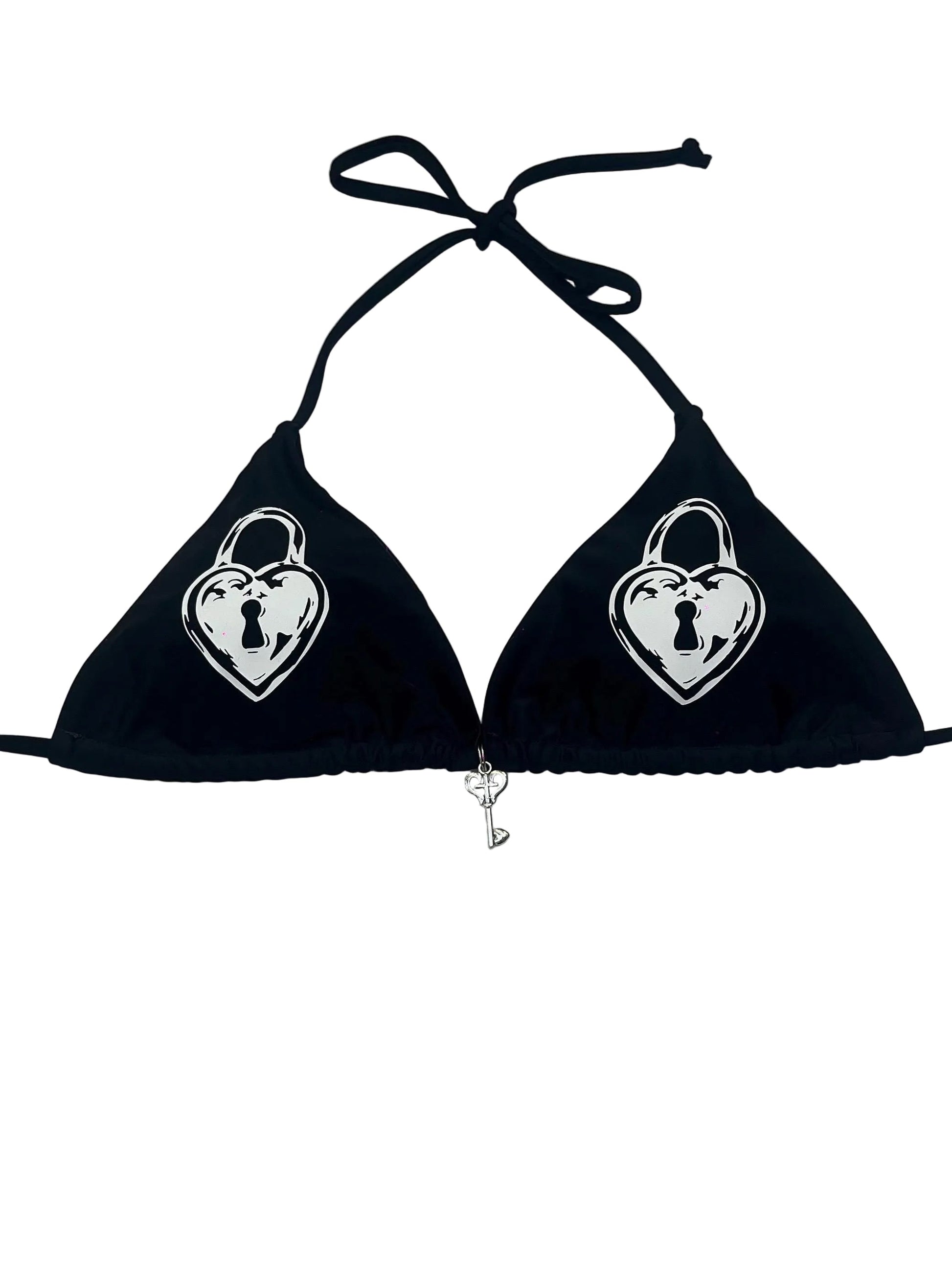 Black Heart Locket Key Bikini Set Hand-Printed Halter Swimsuit