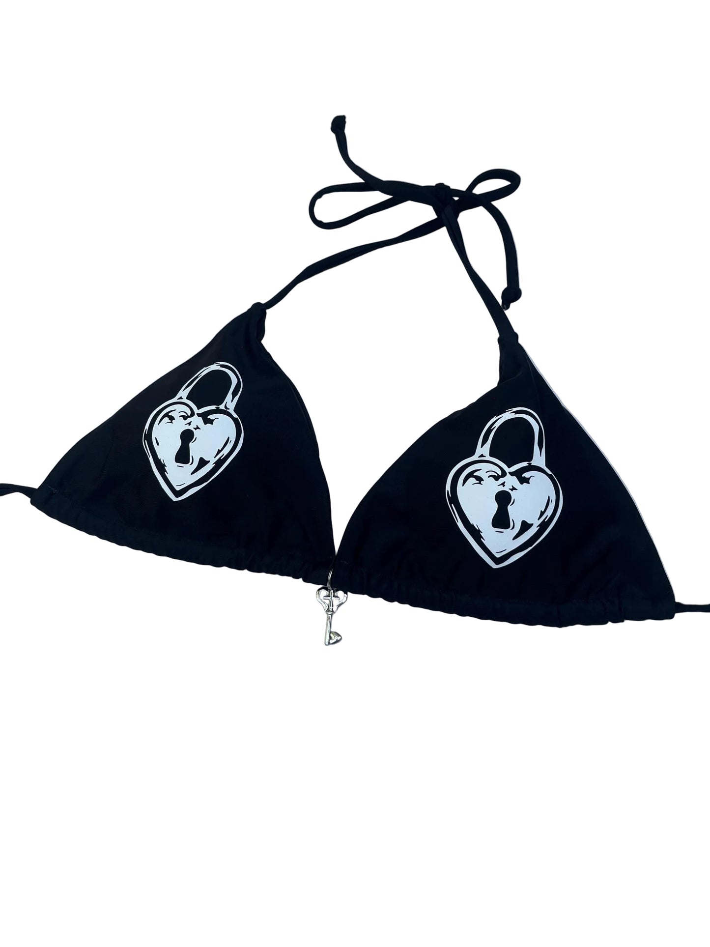 Black Heart Locket Key Bikini Set Hand-Printed Halter Swimsuit