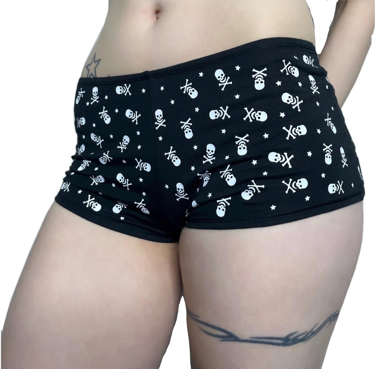 Black Low Rise Booty Shorts All Over Star & Skull Design
