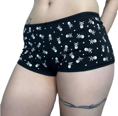 Black Low Rise Booty Shorts All Over Star & Skull Design