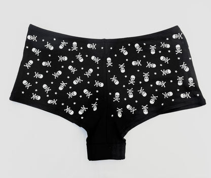 Black Low Rise Booty Shorts All Over Star & Skull Design