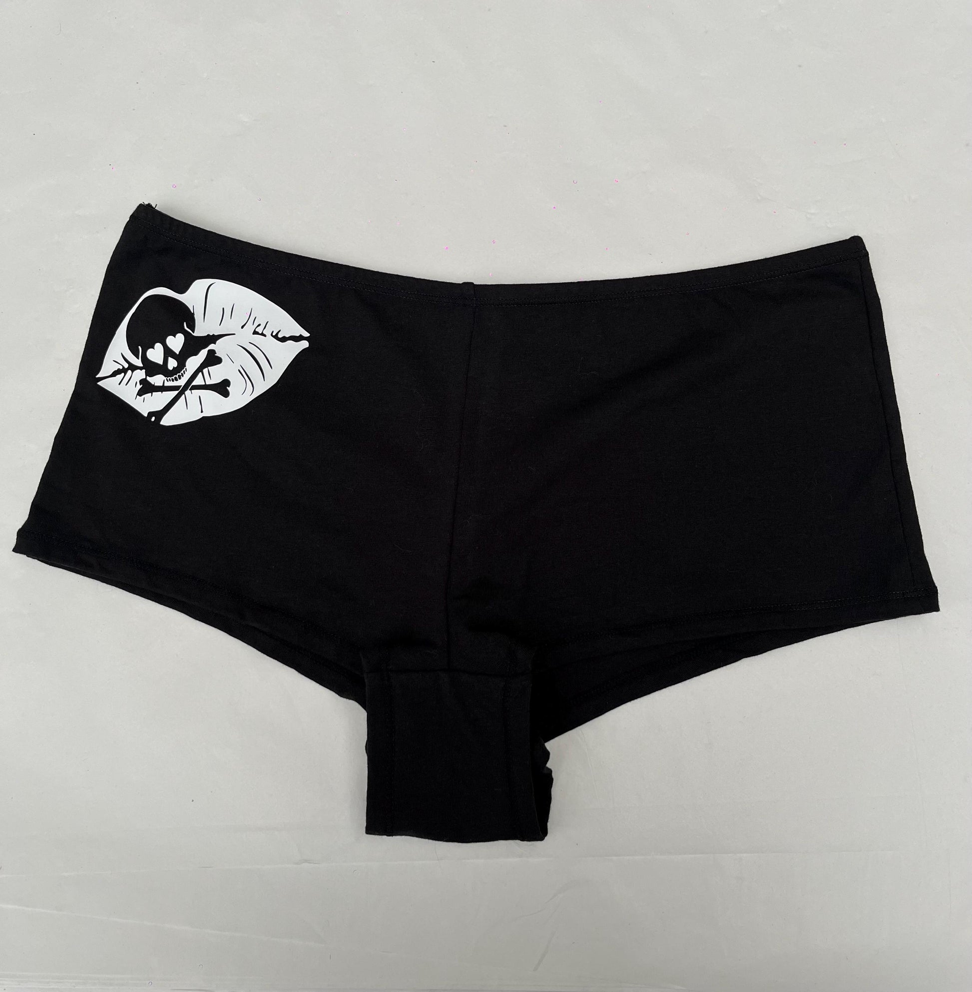 Black Low Rise Booty Shorts White Skull Lips Design