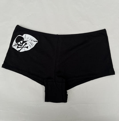 Black Low Rise Booty Shorts White Skull Lips Design